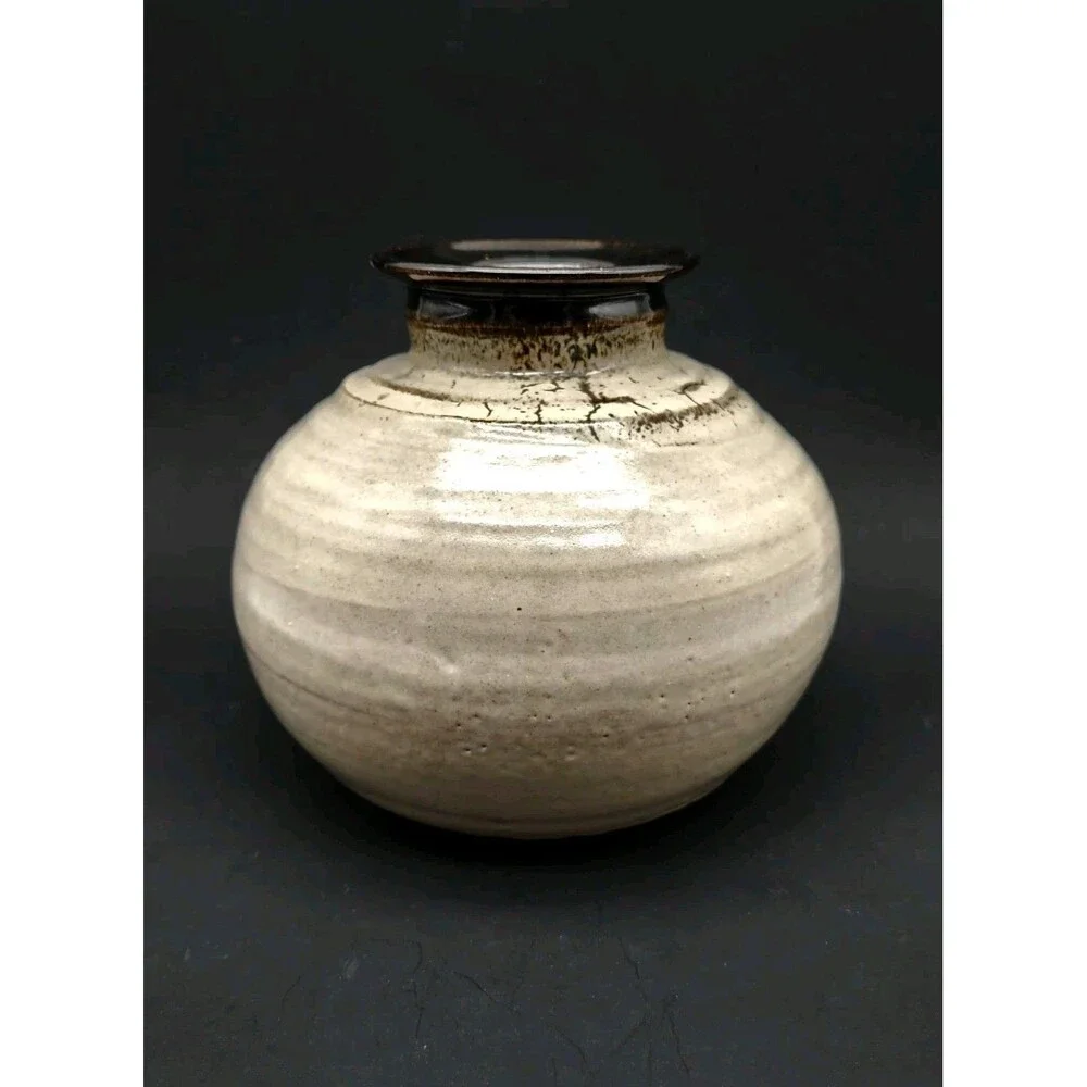 Vintage 70s Hand Crafted Studio Cracked Glaze Raku Moon Stoneware Pottery Vase